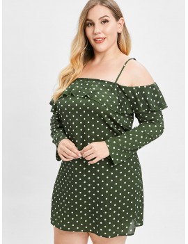  Polka Dot Plus Size Ruffled Dress - Dark Forest Green L