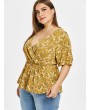  Floral Plus Size Surplice Backless Blouse - Golden Brown L