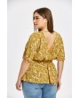  Floral Plus Size Surplice Backless Blouse - Golden Brown L