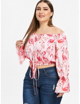 Flamingo Print Plus Size Flare Sleeve Blouse - Pink 2x