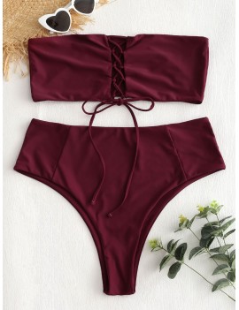 Plus Size Bralette Lace Up Bikini Set - Red Wine L