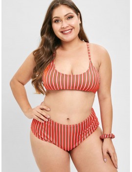  Striped Plus Size Bikini Set With Hair Band - Red 3x