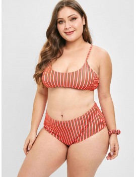  Striped Plus Size Bikini Set With Hair Band - Red 3x