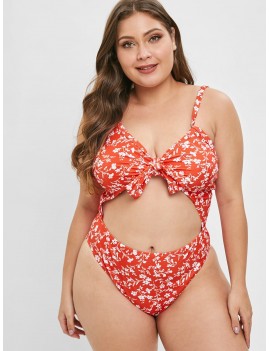  Plus Size Floral Tied Backless Swimsuit - Lava Red L