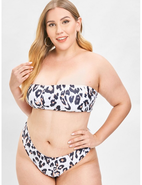  Leopard Plus Size Bandeau Bikini Set - White 1x