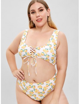  Orange Print Lace-up Plus Size Bikini Set - White 1x