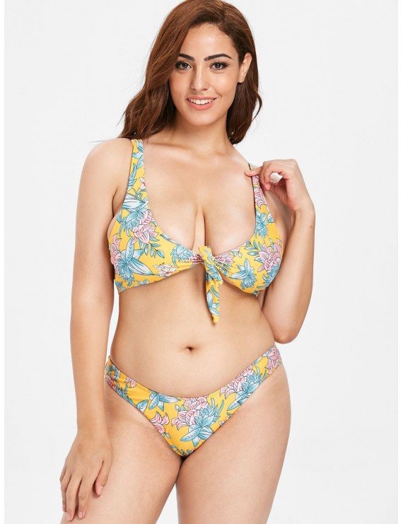  Plus Size Knotted Flower Bikini Set - Bright Yellow 2x
