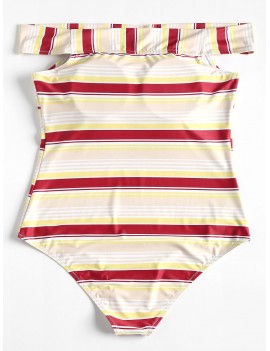 Plus Size Striped One-piece Swimsuit - Red Wine L