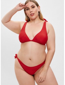  Tied High Leg Plus Size Bikini Set - Red L