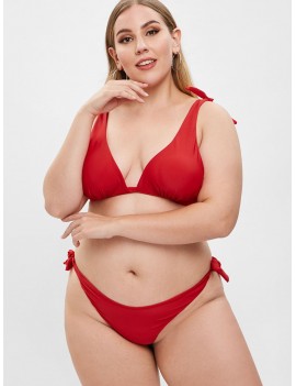  Tied High Leg Plus Size Bikini Set - Red L