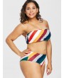 Plus Size High Waisted Striped Bandeau Bikini - Multi-a L