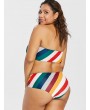 Plus Size High Waisted Striped Bandeau Bikini - Multi-a L