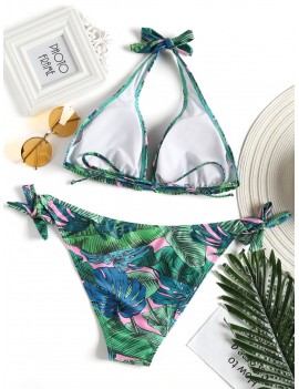 Leaf Print Tie Side Plus Size Bikini Swimwear - Green 4xl