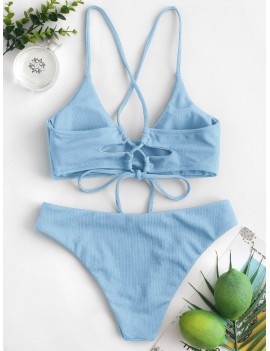  Criss Cross Textured Padded Bikini Swimsuit - Denim Blue S
