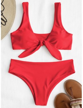  Tie Front Padded Bikini Set - Bright Red M