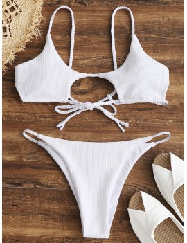  Ribbed Braided Cut Out Bikini Set - White M
