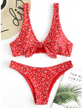 Tiny Floral Low Waisted Knot Bikini Swimsuit - Fire Engine Red S
