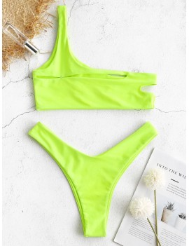  One Shoulder Cut Out Bralette Bikini Set - Green Yellow S
