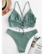  Ribbed Lace Up Cami Bikini Swimwear - Sea Turtle Green S