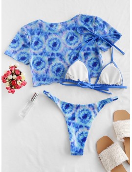  Mesh Tie Dye Halter String Three Piece Bikini Swimsuit - Dodger Blue M
