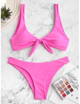  Knotted Plunge Bikini Swimsuit - Neon Pink S