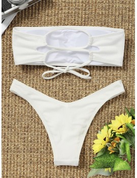 High Cut Ribbed Bandeau Bikini Set - White S