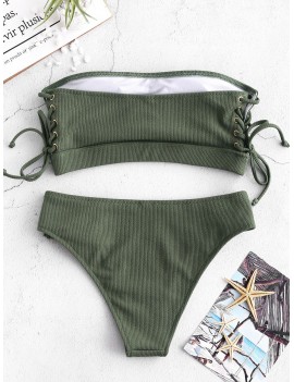  Ribbed Lace Up Bandeau Bikini Set - Jungle Green M