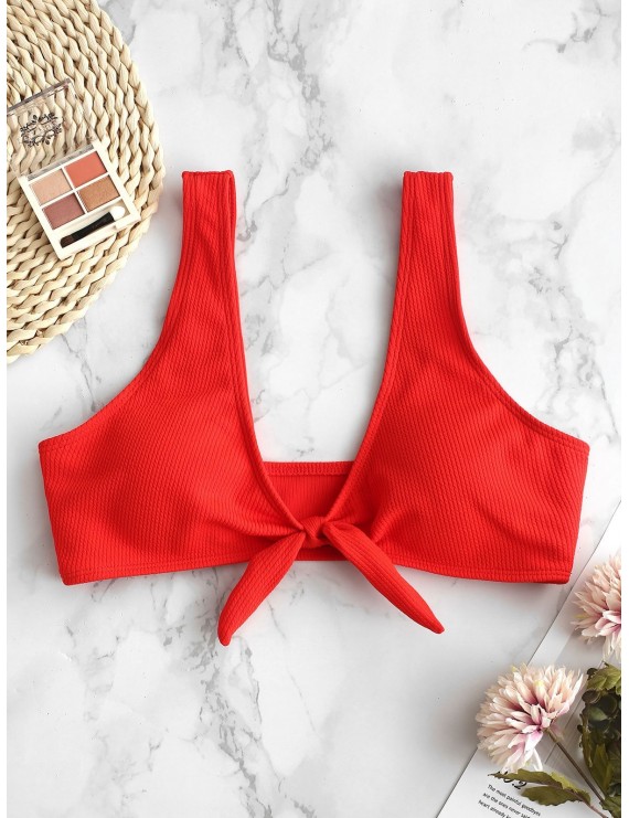  Ribbed Tied Plunging Bikini Top - Red S