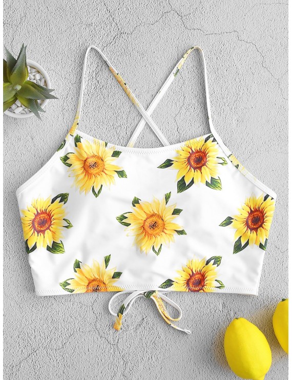  Sunflower Print Lace-up Cropped Bikini Top - White M