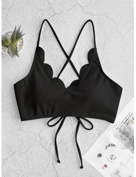  Scalloped Crisscross Lace-up Textured Bikini Top - Black S