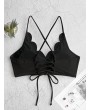  Scalloped Crisscross Lace-up Textured Bikini Top - Black S