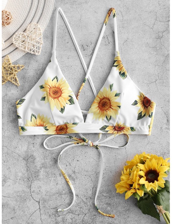  Crisscross Lace-up Sunflower Bikini Top - White S