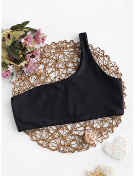  Solid No-padding One Shoulder Bikini Top - Black S