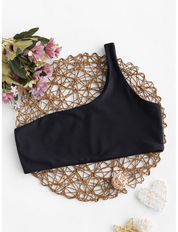  Solid No-padding One Shoulder Bikini Top - Black S