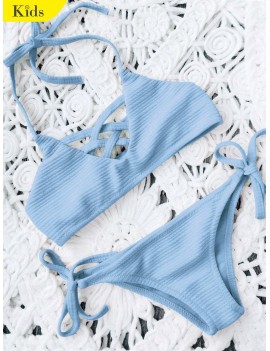Strappy Ribbed Texture String Bikini - Azure 8t