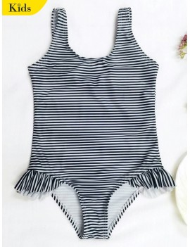 Back Low Cut Striped Ruffled Kid Swimsuit - Stripe 5t