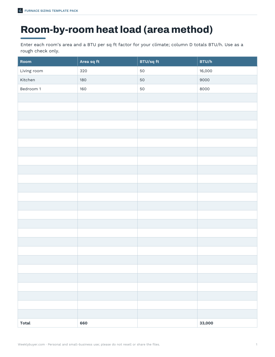 Preview of the first page of Heat load worksheet (XLSX)